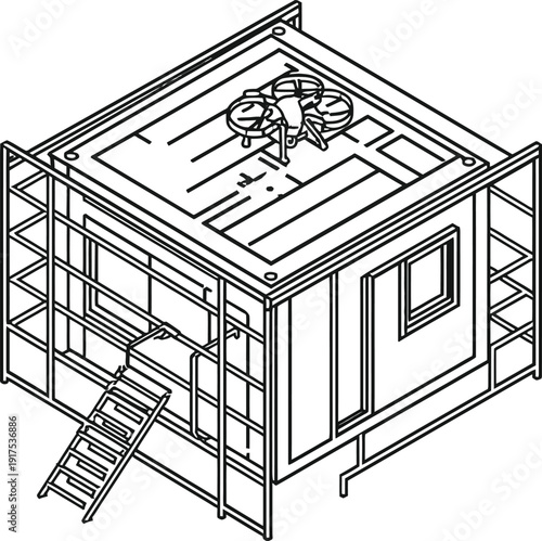 Isometric industrial building with ladder and ventilation system, isolated on transparent background