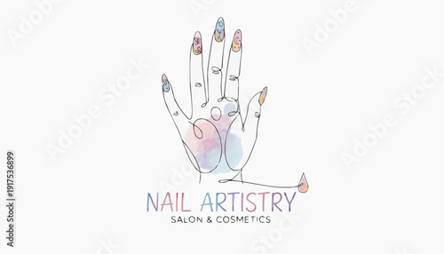 A logo with a hand displaying colorful nail art design and the company's name underneath.