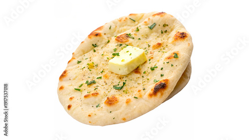 Tableau sur toile Homemade naan bread served with butter on top and sprinkled with herbs isolated