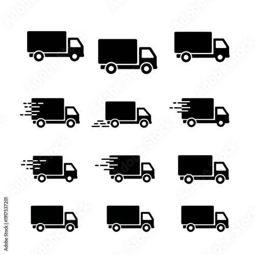 Delivery Truck Icon Collection – Fast Shipping and Logistics Silhouette Vector Set for Transport and Courier Services

