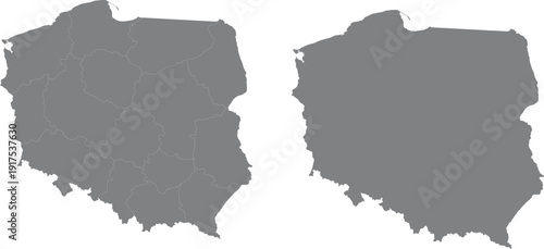 Poland Map Vector Set: Administrative Regions and Solid Silhouette Profiles