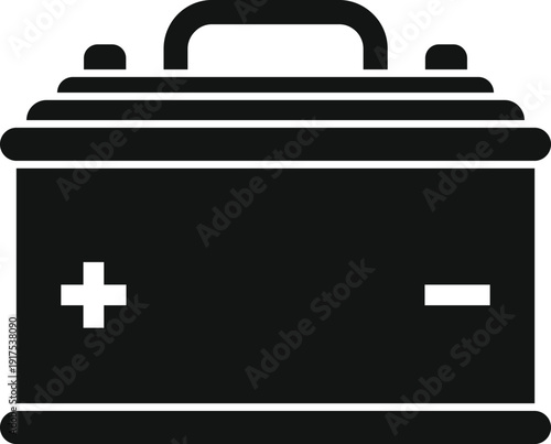Automobile battery illustration displaying positive and negative terminals on white background