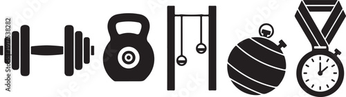 Variety of fitness and sports equipment depicted in a black and white illustration