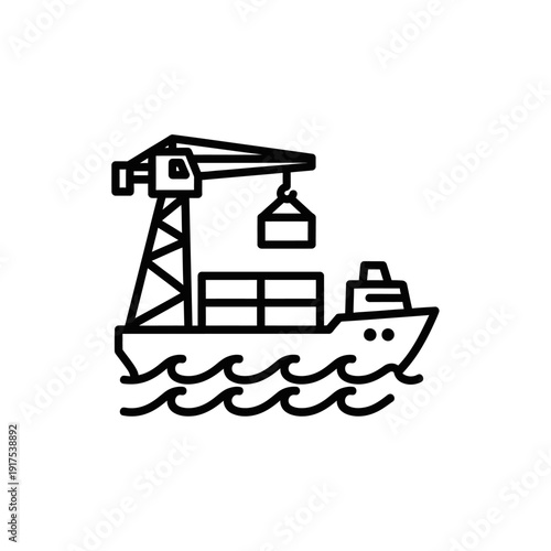 Illustration of Cargo Ship with Crane Loading Containers in Marine Port