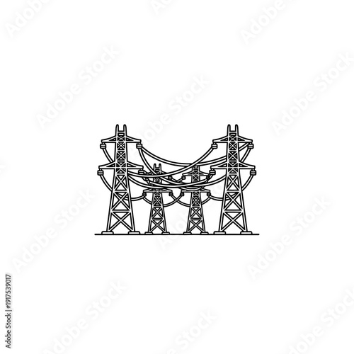 Detailed Line Drawing of Electrical Power Transmission Tower and Wires