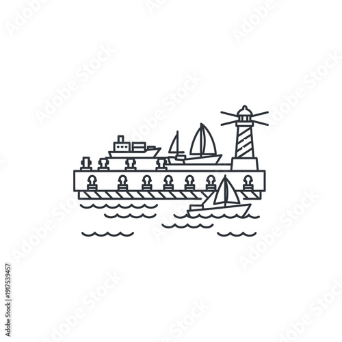 Line Drawing of Cargo Ship with Lighthouse and Sailboat at Seaside