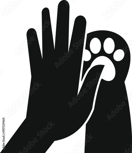 Human hand and animal paw touching, symbolizing friendship and high five