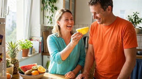 Couple sharing colorful fruit snack while discussing healthy eating habits and portion sizes