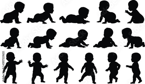 Baby silhouette collection, infant crawling and walking poses set, cute newborn child activity figures, isolated black kids, flat vector illustration