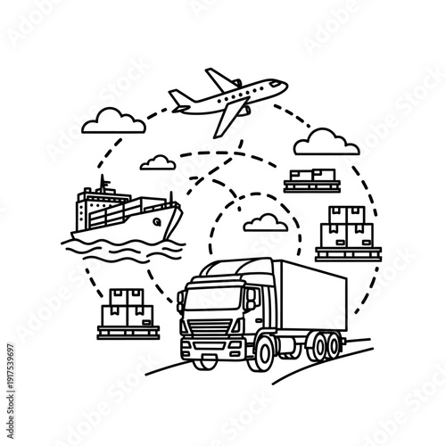 Logistics and Transportation Network Illustration with Cargo Truck, Ship, and Airplane