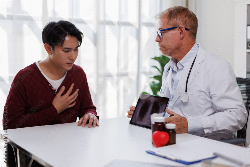 Fototapeta premium Hospital, tablet and doctor with patient for medical service, consulting and help in clinic. Healthcare, 