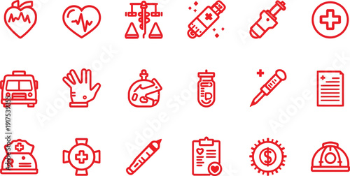 A collection of isometric digital icons representing various administrative healthcare and document management tasks including folders checklists and vital signs monitoring elements