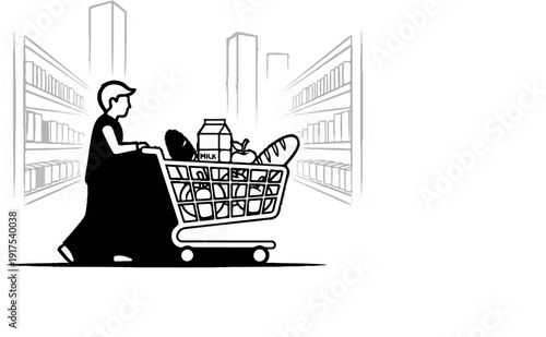 Silhouette of a person pushing a shopping cart full of groceries down an aisle