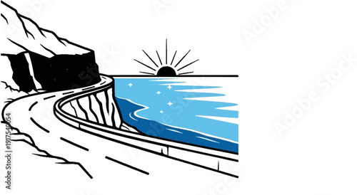 Scenic coastal road curves alongside the ocean at sunrise