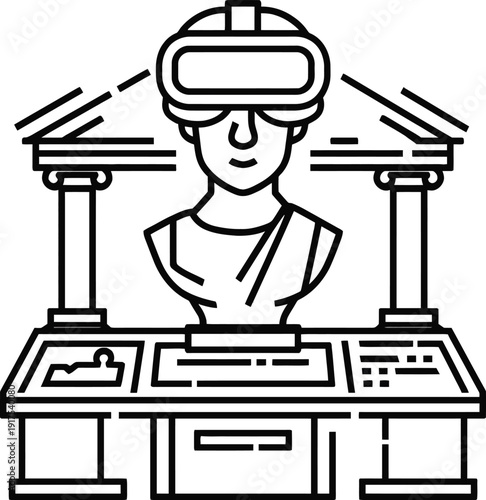 Vector illustration of a person wearing VR headset at a futuristic workstation with columns