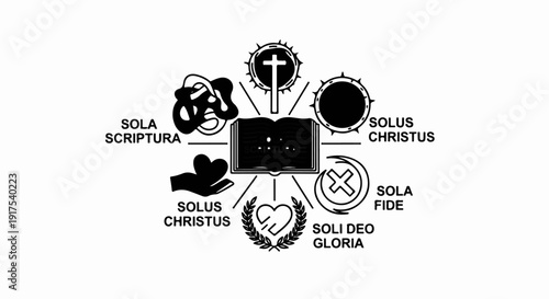 Religious symbols arranged around an open book with inscriptions