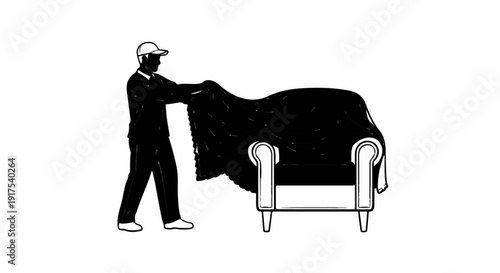 Person in cap covers armchair with blanket, simple illustration style