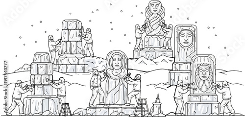 Sculptors create large ice statues of faces in falling snow