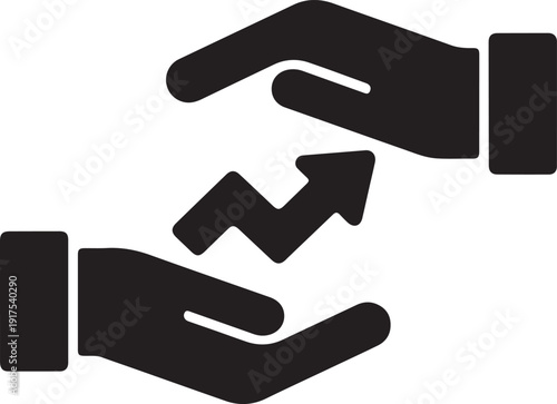 Hands protecting a rising financial growth arrow.