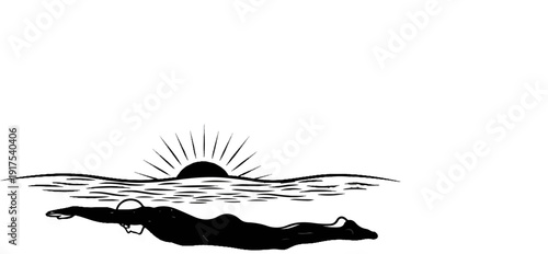 Silhouette of a person swimming in the ocean at sunrise with stylized sun rays