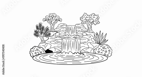 Serene cascading waterfall surrounded by lush trees and rocks