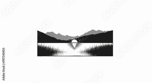 Serene mountain lake at sunrise reflected in calm water, surrounded by grass