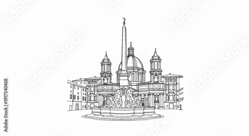 Ornate fountain and obelisk in front of classical domed building and towers
