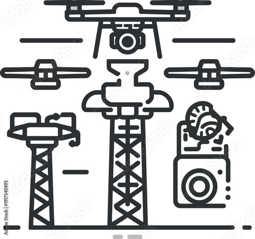 Industrial construction site vector icon set with drone, camera, and tower cranes.