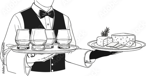 Server offers tray with cheese and crackers, and another tray with drinks