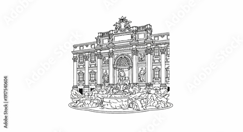 Ornate fountain with classical statues and intricate architectural details, rendered in sketch style