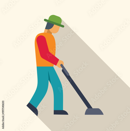 Man wearing a hat vacuuming a surface, representing cleaning and household duties