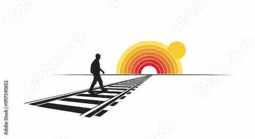 Silhouette of a person walking on train tracks toward a colorful sunset