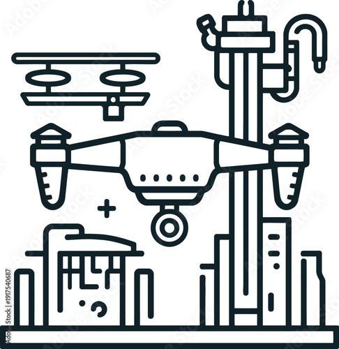 Drone technology vector icon for robotics and innovation concepts, featuring a drone with a camera and industrial elements.