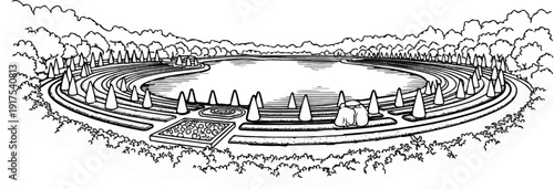 Ornate garden with a central lake, manicured trees, and ornate flower beds