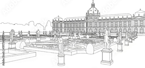 Ornate garden featuring classical statues and a grand, domed palace