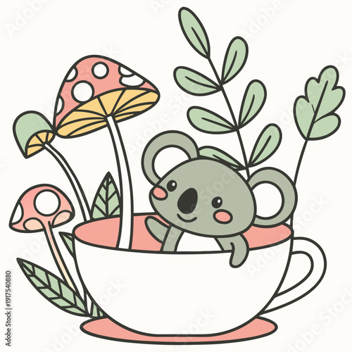 Cute Amused Koala, accessorized with in a teacup, in a Fairy forest world – Whimsy Woods palette vector