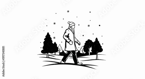 Person in winter coat walks through a snowy park with trees