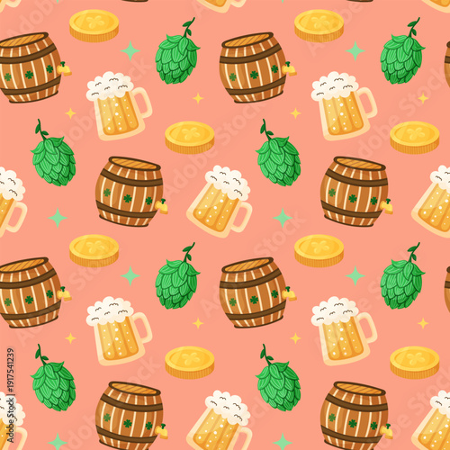Seamless pattern with beer mug, barrel, coin and splash of hops. Saint Patricks Day elements. Holiday greeting card on pink background. Hand drawn vector illustration.