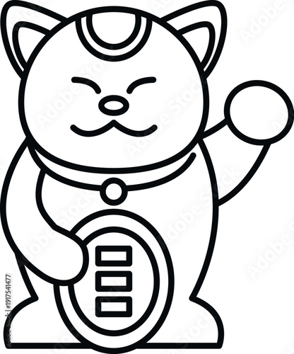Japanese maneki neko lucky cat featuring coin icon and waving paw, representing good fortune