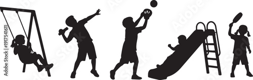 A series of black silhouettes depicting various activities and sports
