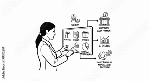 Person interacting with financial management system icons, showing salary, tax, and bank
