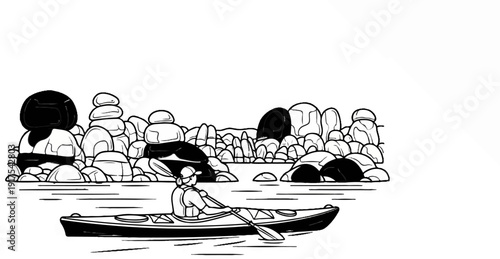 Person kayaking in calm water near rocky shore, line art illustration