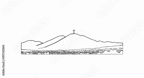 Outline of a city nestled at the foot of a mountain crowned by a cross
