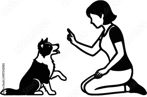 Person kneeling, teaching a dog to sit, clear outline on white