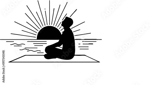 Person meditates by the sea as the sun rises with radiant rays