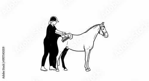 Rider grooming a horse with a brush