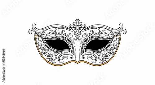 Ornate, gold-trimmed, black-eyed masquerade mask with intricate scrollwork