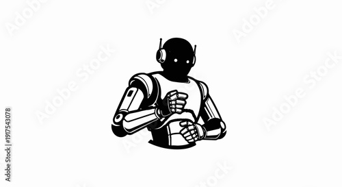 Silhouette of a robot with antennas and glowing eyes, in a defensive pose