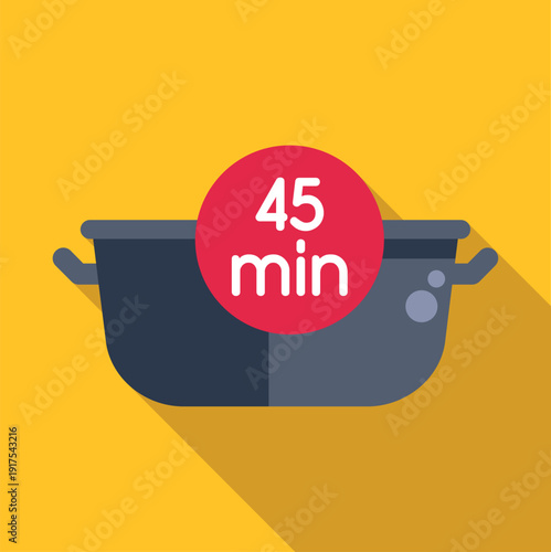 Cooking pot featuring a red timer icon for 45 minutes on a yellow background