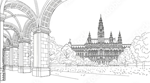 Ornate Gothic building with arched colonnade and leafy trees in park